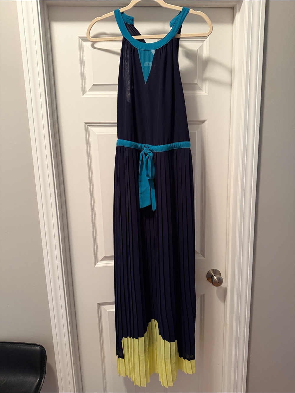 Max Studio Navy Maxi Dress with Teal Accents and Yellow Hem